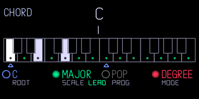 Chord mode page: C major, degree mode, the C chord lit on the keyboard