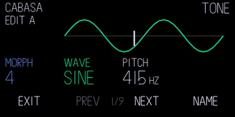 Native Gin Advanced Tone page: Cabasa, Edit A, Morph 4, Sine wave, Pitch 415 Hz; Exit, Prev, Next and Name.