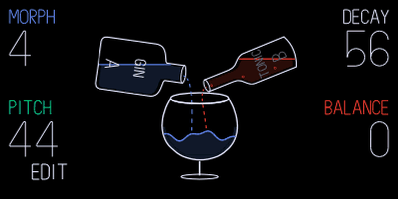 Native Gin Play: A and B bottles pour into a glass; Morph 4, Pitch 44, Decay 56 and Balance 0.