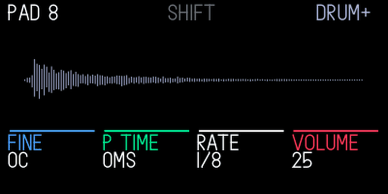 drum+ play page with Shift held: fine, pitch time, rate, volume