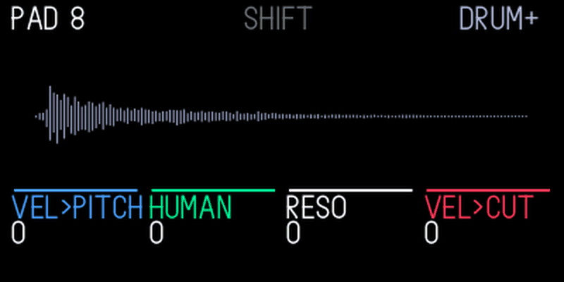 drum+ envelope page with Shift held: velocity to pitch, humanize, resonance, velocity to cutoff
