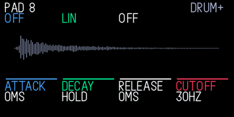 drum+ envelope page: attack, decay, release and cutoff