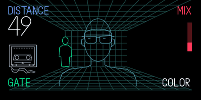 Father room screen showing Distance 49, Gate, Color, a Mix bar and the small green person.