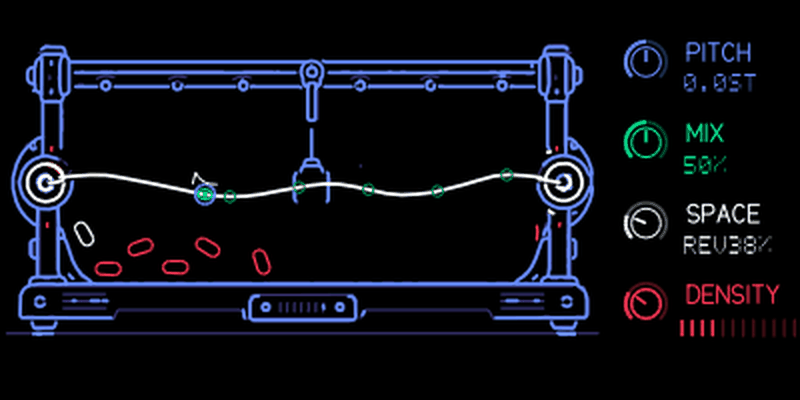 HAIL native OP-1 screen: blue Pitch in semitones, green wet Mix percentage and white Space reverb/feedback readout.