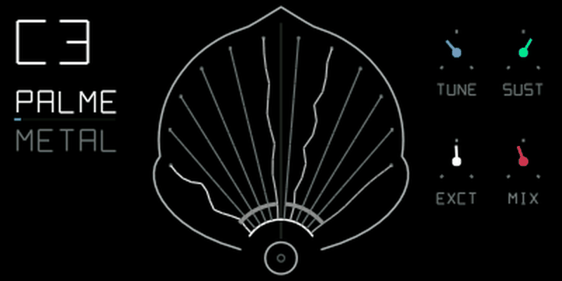 Palme screen: a palm-leaf loudspeaker with strings, the root C3 and four small dials