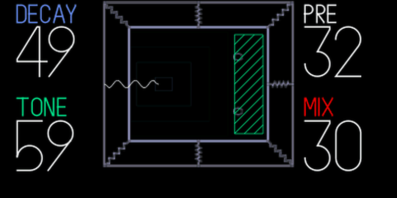 Plate screen showing Decay 49, Tone 59, Pre 32 and Mix 30.