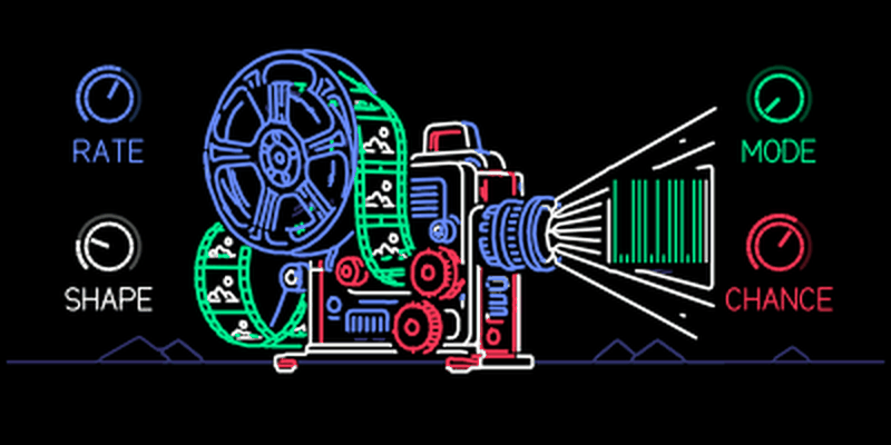 STUTTER screen: a film projector with four knob rings and the last slices as bars