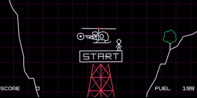 Original OP-1 Lander (Choplifter) game: helicopter at the start platform, terrain, score and fuel.