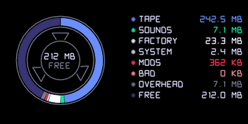 FILE: a tape reel split into tape, sounds, factory, system, mods, bad and overhead, with 212 MB free in the middle