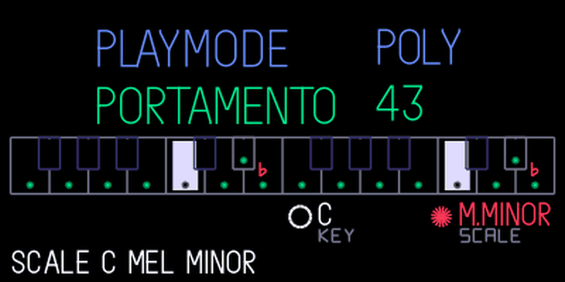 Scale view under play mode and portamento: a keyboard with green dots, KEY C and SCALE M.MINOR