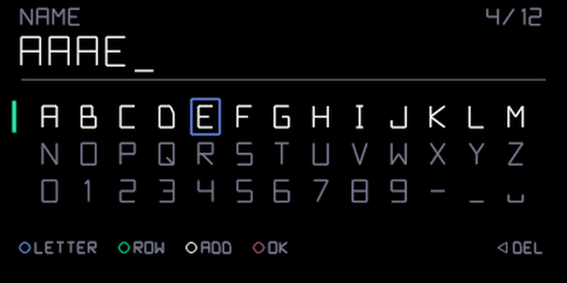 NAME screen: the typed name, a 4/12 counter, the letter grid and the legend letter, row, add, ok, del