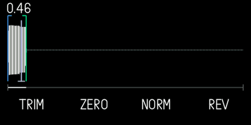 Synth sample editor with waveform, start/end markers and Trim, Zero, Norm and Rev.