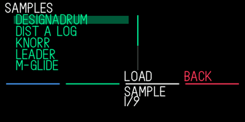 Sampler+ sample browser with factory presets, Load on white and Back on orange.