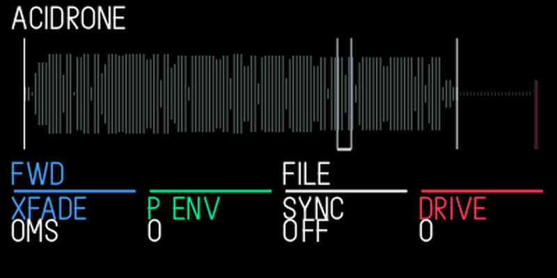 Sampler+ ACIDRONE waveform, forward mode, Crossfade, Pitch envelope, Sync and Drive.