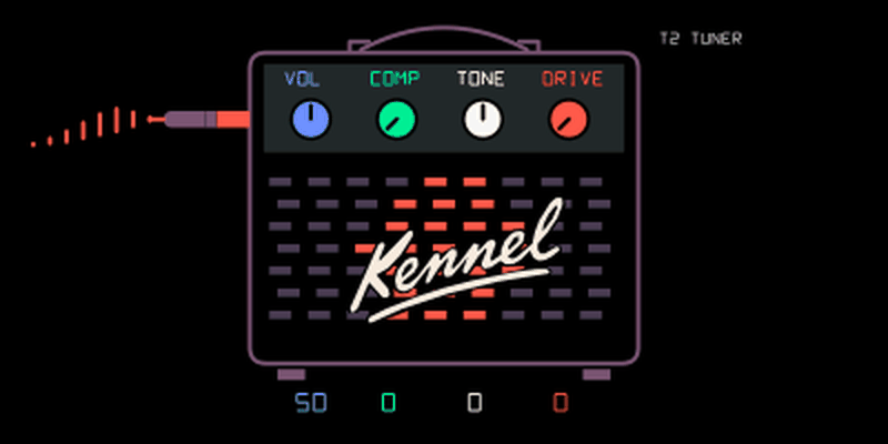 Amp live-input engine with kennel cabinet, four coloured knobs and input waveform