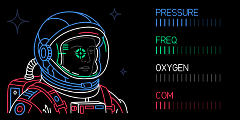EVA screen: an astronaut in a helmet with four meters labelled pressure, freq, oxygen and com