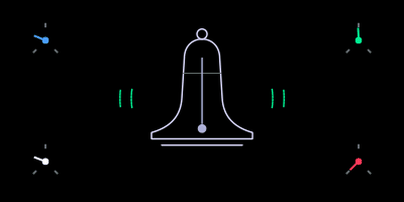FM Bell screen: a line-art bell with strike rings and four dials