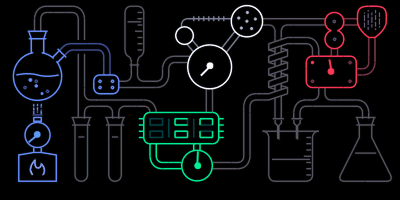Iter lab screen: flasks, gauges and tubes