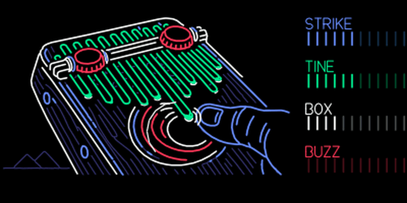 MBIRA screen: a kalimba with a thumb on a tine and four meters labelled strike, tine, box and buzz