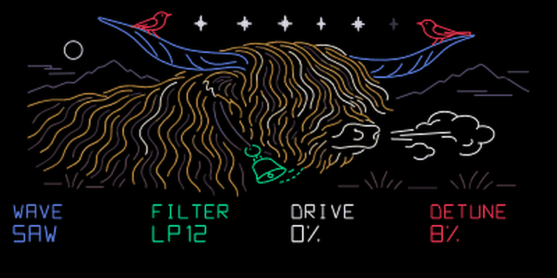 Oxbow with Wave, Filter and Drive selected and larger two-line control names and values; orange remains Detune.