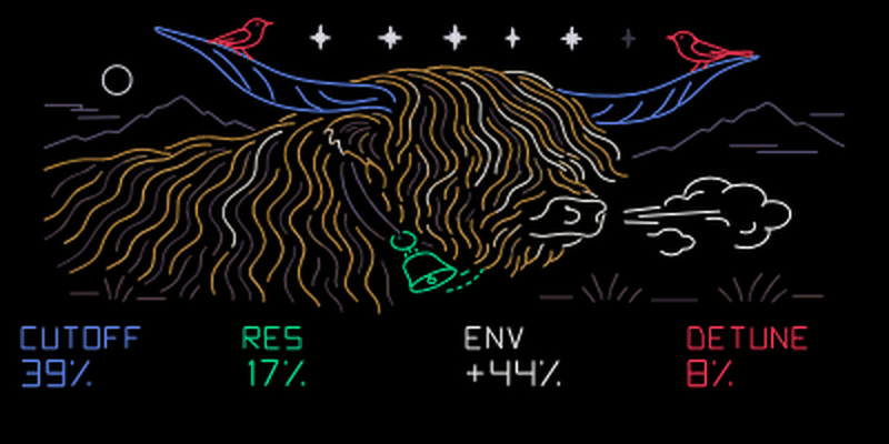 Oxbow with larger two-line Cutoff, Res, signed Env amount and Detune readouts beneath the artwork.