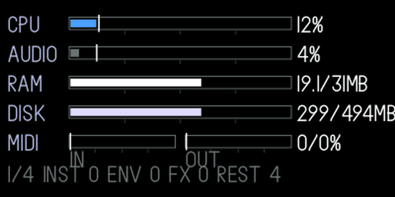 Resource monitor showing the split audio bar and audio category detail.