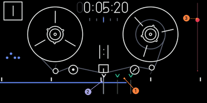Tape screen with a recorded track and two green marker ticks